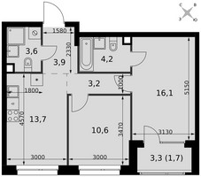 Планировка двухкомнатной(квартира) площадью 57 квадратных метров в “ЖК Симоновский вал”