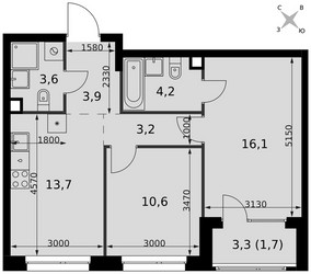 Планировка двухкомнатной(квартира) площадью 57 квадратных метров в ЖК “ЖК Симоновский вал”