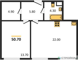Планировка однокомнатной(квартира) площадью 50.8 квадратных метров в “ЖК Voxhall (Воксхолл)”