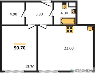 Планировка однокомнатной(квартира) площадью 50.8 квадратных метров в ЖК “ЖК Voxhall (Воксхолл)”