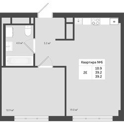 Планировка двухкомнатной(квартира) площадью 39.2 квадратных метров в ЖК “ЖК Яковлево”