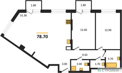 Планировка двухкомнатной(квартира) площадью 78.7 квадратных метров в ЖК “ЖК Соколинн Парк”