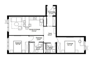 Планировка двухкомнатной(квартира) площадью 65.3 квадратных метров в “ЖК Эко Видное 2.0”
