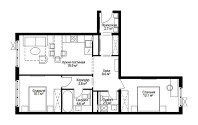 Планировка двухкомнатной(квартира) площадью 65.3 квадратных метров в ЖК “ЖК Эко Видное 2.0”