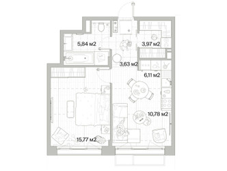 Планировка однокомнатной(квартира) площадью 46.1 квадратных метров в ЖК “Архитектурный проект Мыс”