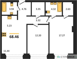 Планировка двухкомнатной(квартира) площадью 68.46 квадратных метров в ЖК “ЖК NOVA (Нова)”