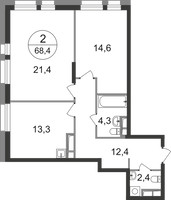 Планировка двухкомнатной(квартира) площадью 68.4 квадратных метров в “ЖК Первый Московский”