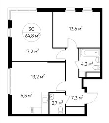 Планировка трехкомнатной(квартира) площадью 64.8 квадратных метров в ЖК “ЖК Переделкино Ближнее”