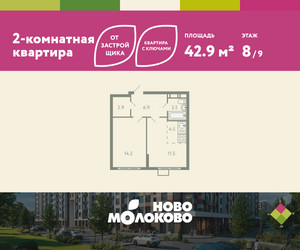 Планировка двухкомнатной(квартира) площадью 42.9 квадратных метров в ЖК “ЖК Ново-Молоково”