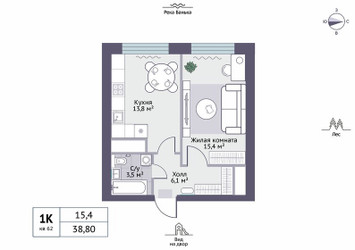 Планировка однокомнатной(квартира) площадью 38.8 квадратных метров в ЖК “ЖК Новое Замитино (ЗаМитино)”