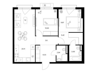 Планировка двухкомнатной(квартира) площадью 62.38 квадратных метров в ЖК “ЖК Ильинские луга”