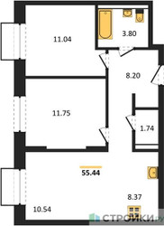Планировка двухкомнатной(квартира) площадью 55.44 квадратных метров в ЖК “ЖК Квартал Строгино”