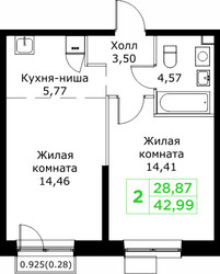 Планировка двухкомнатной(квартира) площадью 42.99 квадратных метров в ЖК “ЖК КИТ 2”