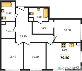 Планировка трехкомнатной(квартира) площадью 79.5 квадратных метров в ЖК “Жилые кварталы Белый Град”