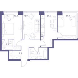 Планировка трехкомнатной(квартира) площадью 72 квадратных метров в ЖК “ЖК THE LOT by Akvilon”