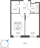 Планировка однокомнатной(апартаменты) площадью 38.54 квадратных метров в “ЖК Волковская 67”