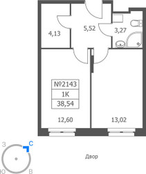 Планировка однокомнатной(апартаменты) площадью 38.54 квадратных метров в ЖК “ЖК Волковская 67”