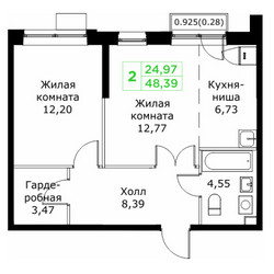 Планировка двухкомнатной(квартира) площадью 48.39 квадратных метров в ЖК “ЖК КИТ 2”