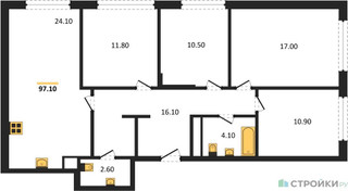 Планировка 4+ комнатной(квартира) площадью 97 квадратных метров в “ЖК Сиреневый парк”