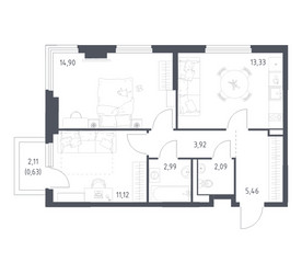 Планировка двухкомнатной(квартира) площадью 54.44 квадратных метров в ЖК “ЖК Пригород Лесное”