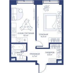 Планировка однокомнатной(квартира) площадью 38.6 квадратных метров в ЖК “ЖК Свет”