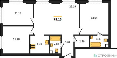 Планировка трехкомнатной(квартира) площадью 78.15 квадратных метров в ЖК “ЖК TATE (Тэйт)”