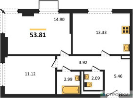 Планировка двухкомнатной(квартира) площадью 53.81 квадратных метров в “ЖК Пригород Лесное”