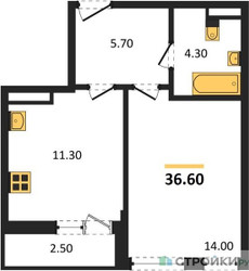 Планировка однокомнатной(квартира) площадью 36.6 квадратных метров в ЖК “ЖК Родные кварталы”