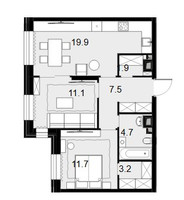 Планировка двухкомнатной(квартира) площадью 60 квадратных метров в “ЖК Театральный квартал”