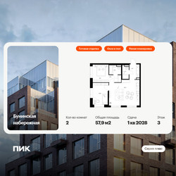 Планировка двухкомнатной(квартира) площадью 57.9 квадратных метров в ЖК “Бунинская набережная”