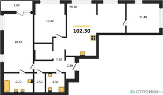 Планировка трехкомнатной(квартира) площадью 102.3 квадратных метров в “ЖК Первый квартал”