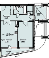 Планировка однокомнатной(квартира) площадью 53 квадратных метров в “ЖК Соболевка”