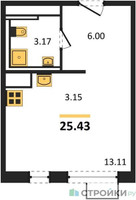 Планировка студии(квартира) площадью 25.43 квадратных метров в “ЖК Новое Внуково”