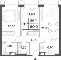 Планировка трехкомнатной(квартира) площадью 80.6 квадратных метров в “ЖК Will Towers (Вилл Тауэрс)”