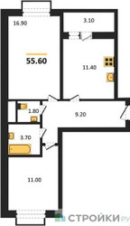 Планировка двухкомнатной(квартира) площадью 55.6 квадратных метров в “ЖК Римский”