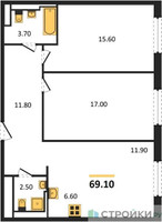 Планировка двухкомнатной(квартира) площадью 69.1 квадратных метров в “ЖК Заречье Парк”