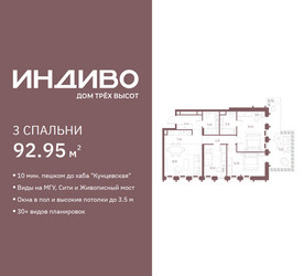 Планировка трехкомнатной(квартира) площадью 92.95 квадратных метров в ЖК “ЖК Индиво”