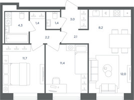Планировка трехкомнатной(квартира) площадью 57.7 квадратных метров в “ЖК Равновесие”