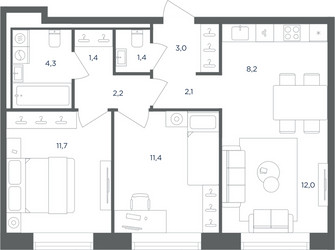 Планировка трехкомнатной(квартира) площадью 57.7 квадратных метров в ЖК “ЖК Равновесие”