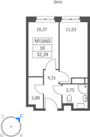 Планировка однокомнатной(апартаменты) площадью 32.34 квадратных метров в “ЖК Волковская 67”