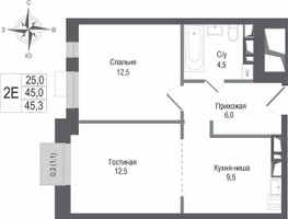 Планировка двухкомнатной(квартира) площадью 45 квадратных метров в “ЖК КИНОКВАРТАЛ”