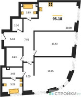 Планировка двухкомнатной(квартира) площадью 95.18 квадратных метров в “ЖК Гранд Фили”