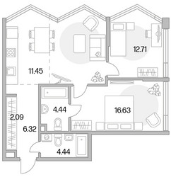 Планировка трехкомнатной(квартира) площадью 72.71 квадратных метров в ЖК “ЖК MYPRIORITY Mnevniki (Май Приорити Мневники)”