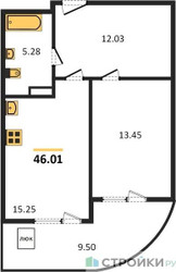 Планировка однокомнатной(квартира) площадью 46.01 квадратных метров в ЖК “ЖК Дом‐Мегалит в Королёве”