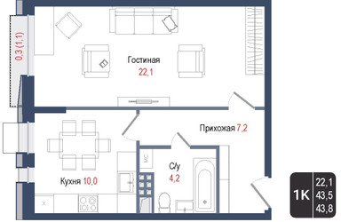 Планировка однокомнатной(квартира) площадью 43.5 квадратных метров в ЖК “ЖК КИНОКВАРТАЛ”