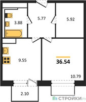 Планировка однокомнатной(квартира) площадью 36.54 квадратных метров в “ЖК Томилино Парк”