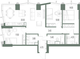 Планировка трехкомнатной(квартира) площадью 88.3 квадратных метров в “ЖК Северный порт. Береговые кварталы”