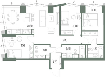 Планировка трехкомнатной(квартира) площадью 88.3 квадратных метров в ЖК “ЖК Северный порт. Береговые кварталы”