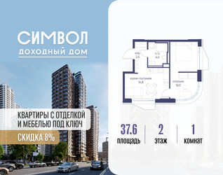 Планировка однокомнатной(квартира) площадью 37.6 квадратных метров в ЖК “ЖК Символ”