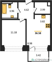 Планировка однокомнатной(квартира) площадью 36.58 квадратных метров в “ЖК NOVA (Нова)”